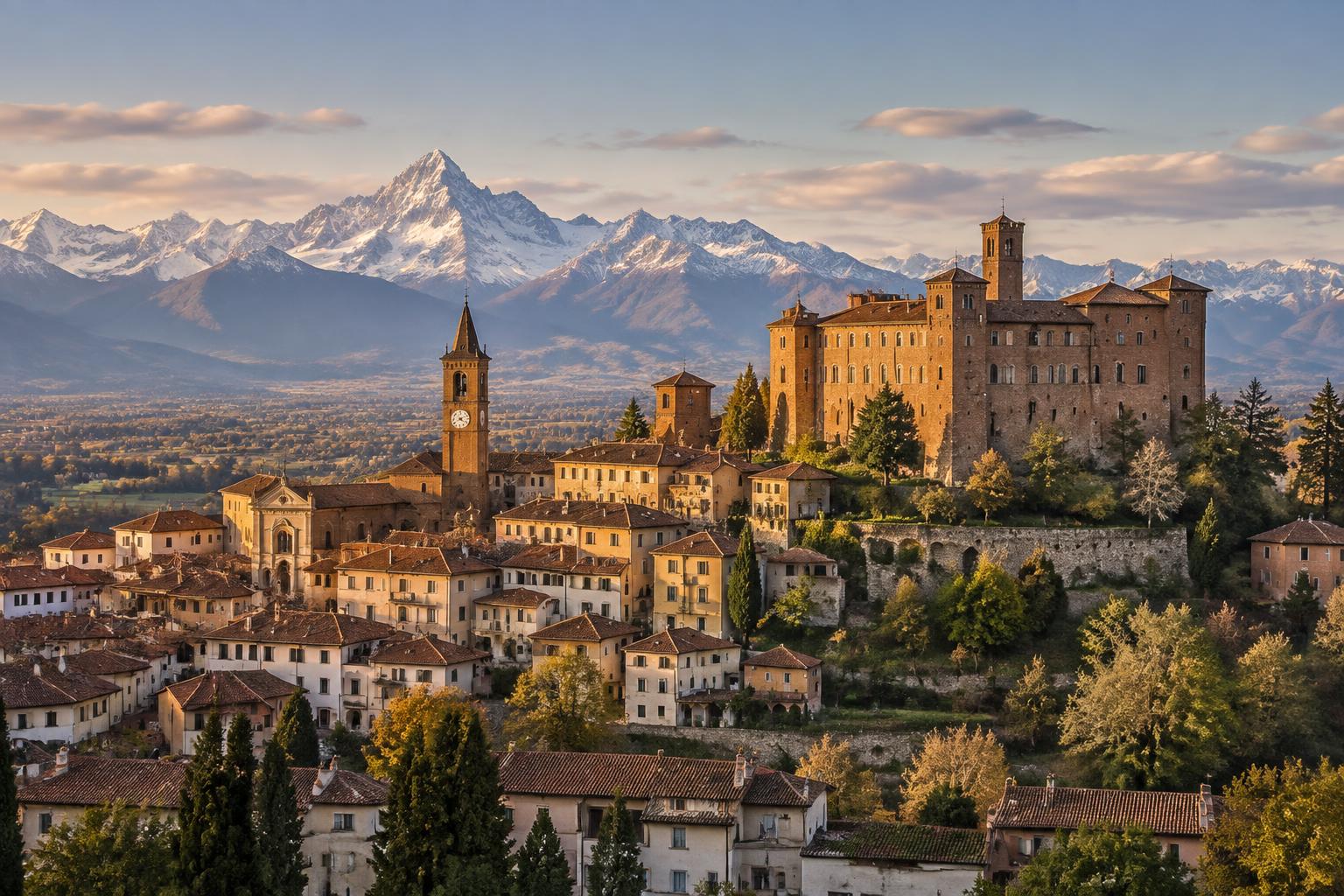 Veduta di Saluzzo, la Castiglia e la pianura saluzzese con il Monviso